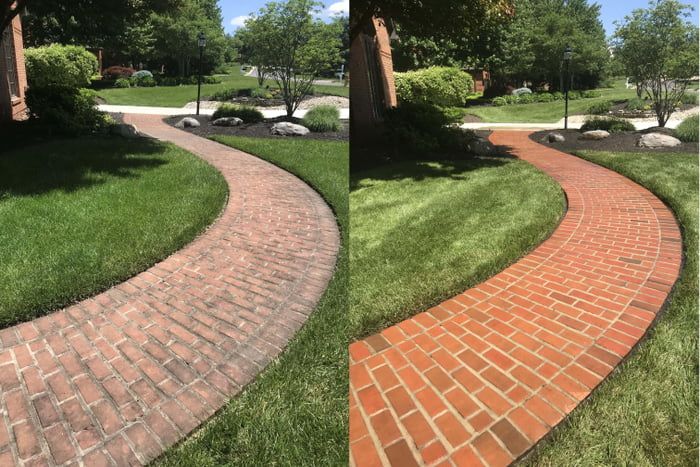 Brick walkway before and after pressure washing by Powell Exterior Services