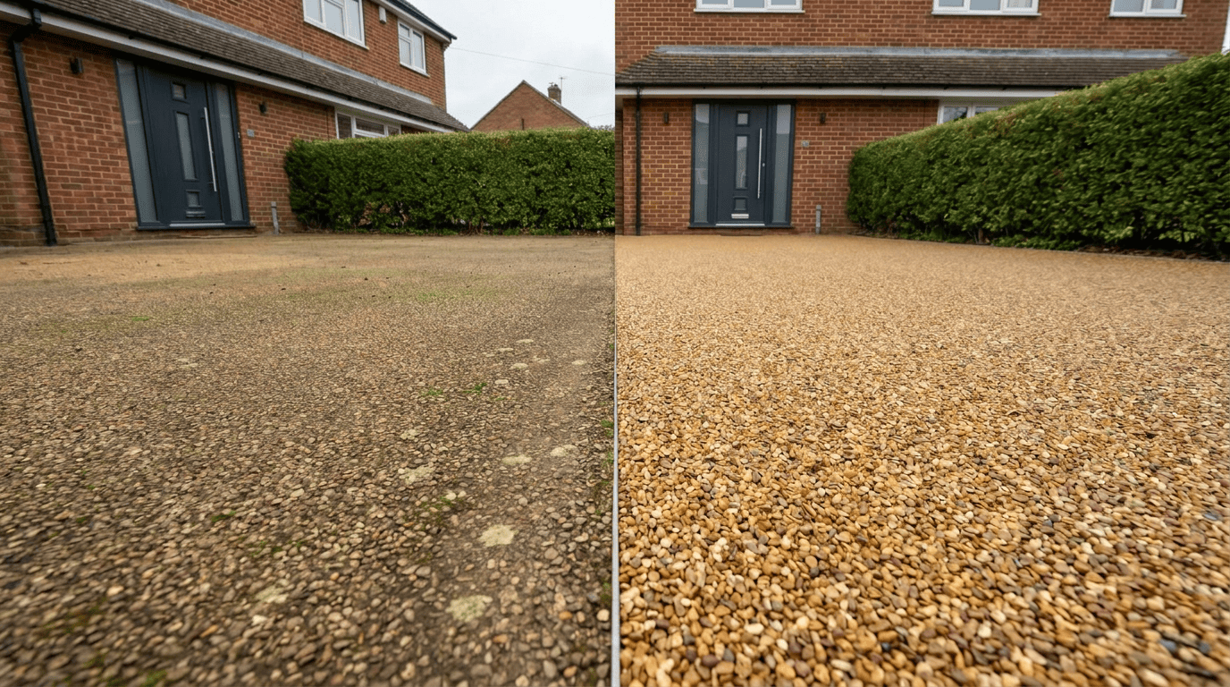 Driveway before and after pressure washing by Powell Exterior Services