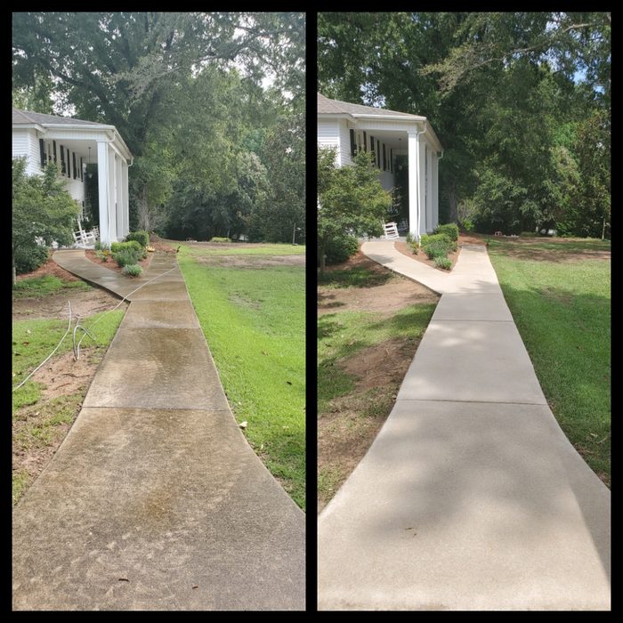 Commercial sidewalk before and after pressure washing by Powell Exterior Services
